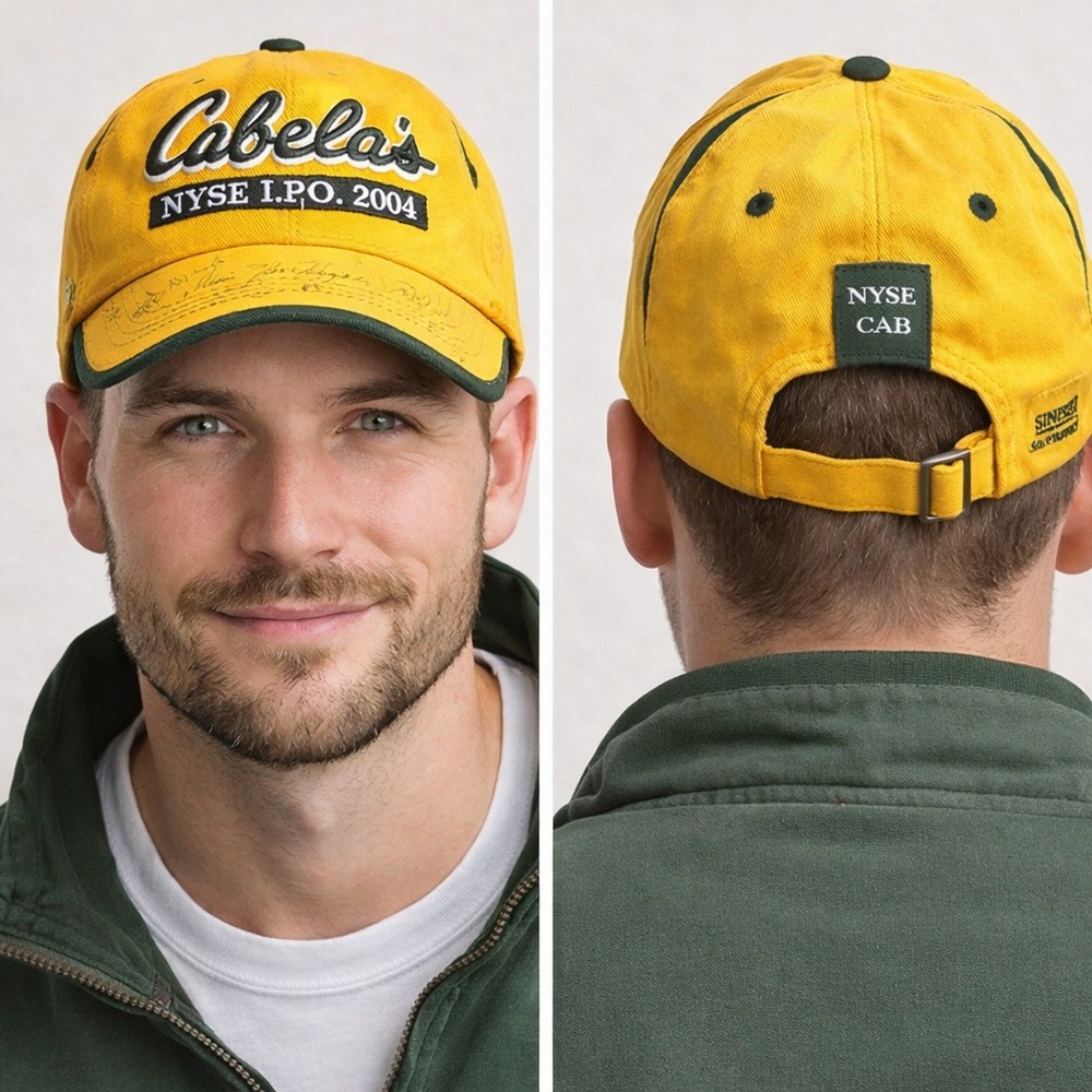Cabelas NYSE IPO 2004 Hat Mens Yellow Green Adjustable Cap The Game Signed Brim